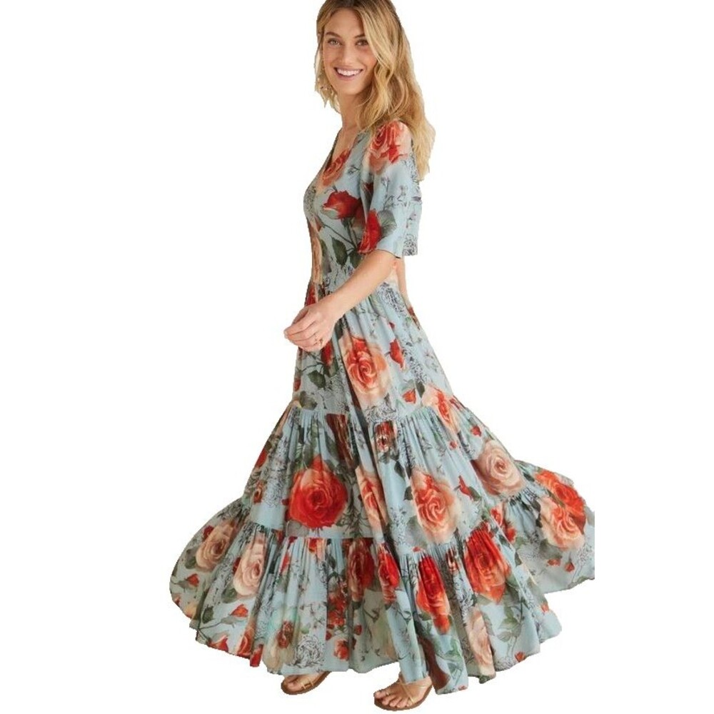 Soft Surroundings First Blooms Tiered Maxi Dress Sz PXS Blue Floral